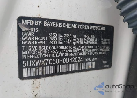 2017 BMW X3 xDrive35I z USA, uszkodzony, nr VIN 5UXWX7C58H0U42024